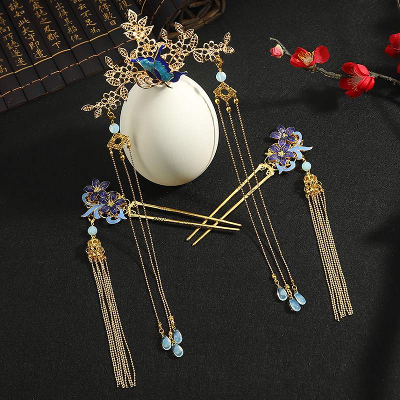 Ancient Dress Hair Accessories Burn Blue Hair Crown Hanfu Headwear Full Suit Head Crown Flow Su Step Shake Top Hairpin Disc Hair woman Fresh out