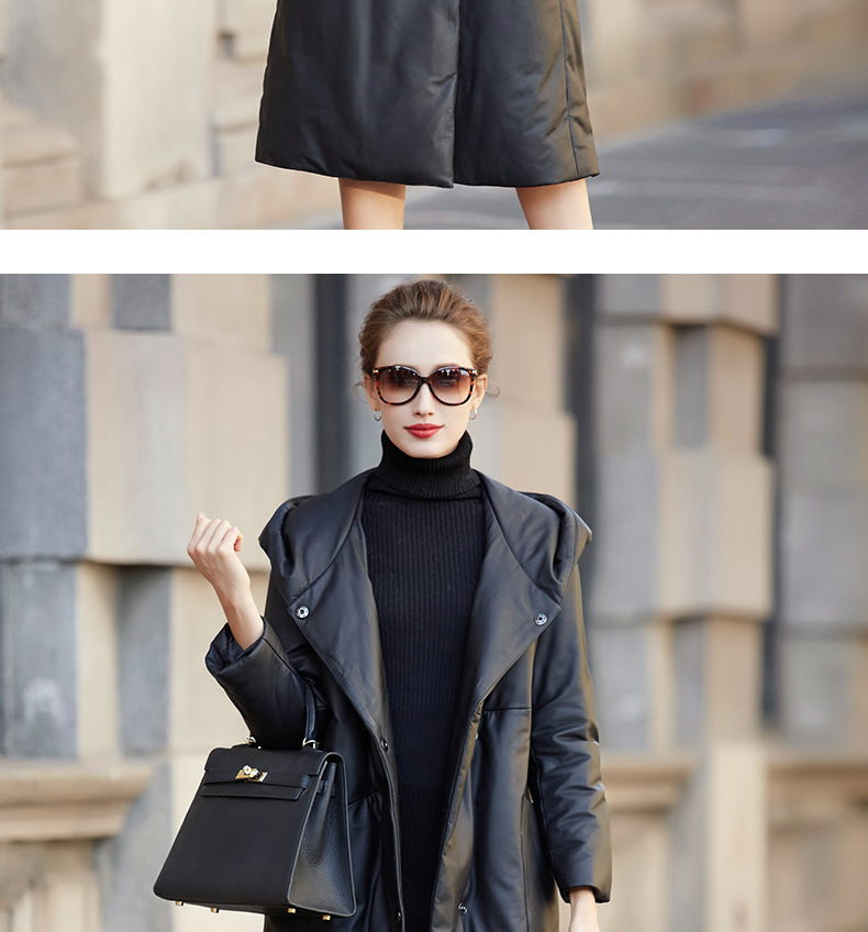 Áo khoác da lông cừu nữ dáng dài có mũ, phom rộng tôn dáng — Màu cà phê đậm, Màu đen