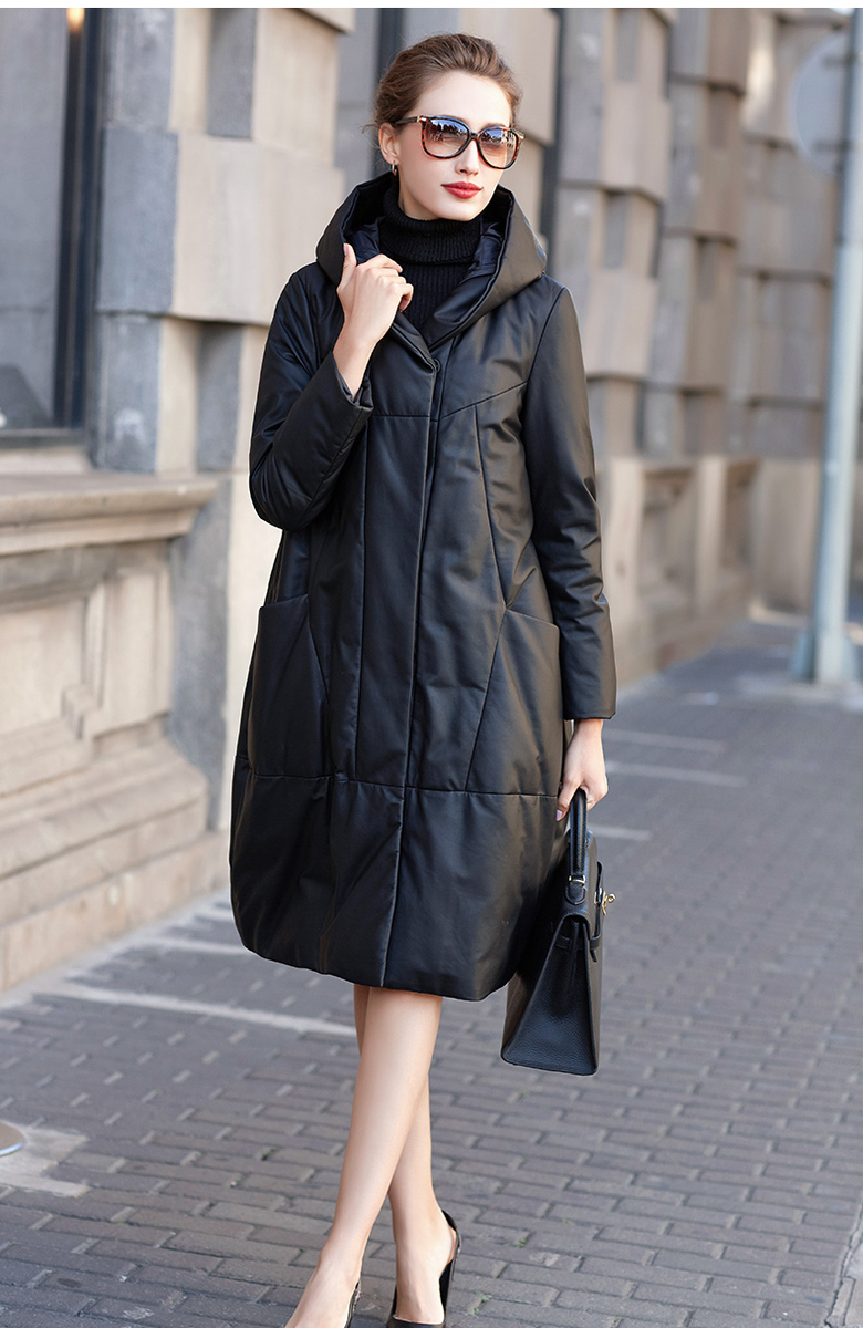 Áo khoác da cừu lông vũ nữ dáng dài có mũ — Màu đen, Màu cà phê đậm
