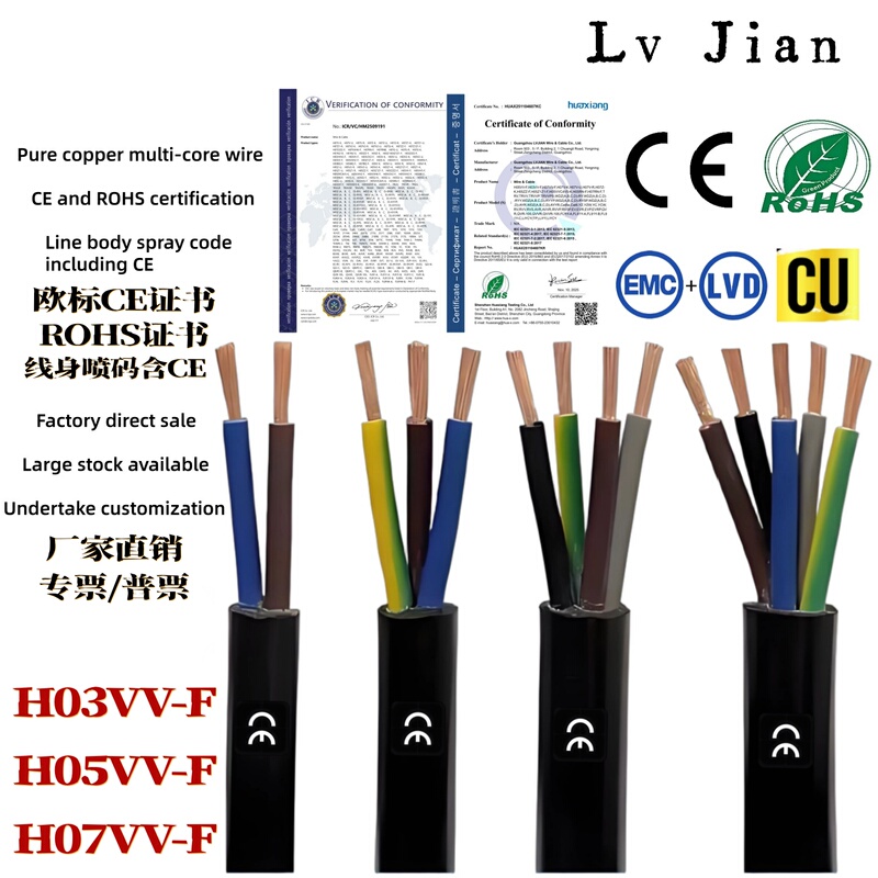 Ce European Standard H05Vv-F Pure Copper Multi-Core Cable Export Cable Power Cord Environmentally Friendly Rohs Plug Cable Rvv Sheathed Cable