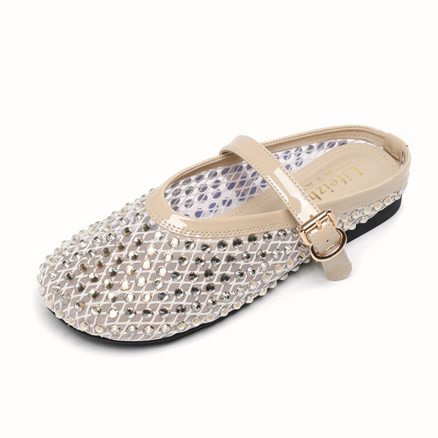 Open-Toe Slippers with Buckle and Rhinestones, Niche Half-Slippers for Women, Summer 2025 New Style, Mesh Breathable Fairy Slippers