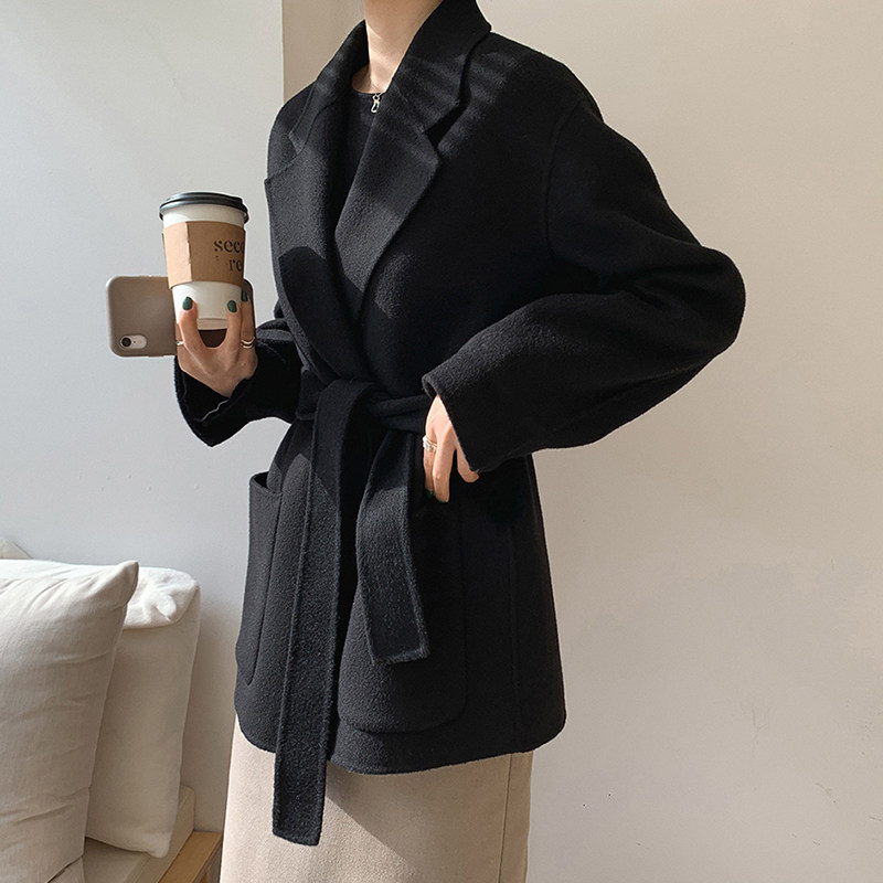 Gross coat female autumn winter new 2021 retro small sublace short in pure color bifacial wool big dress women's clothing