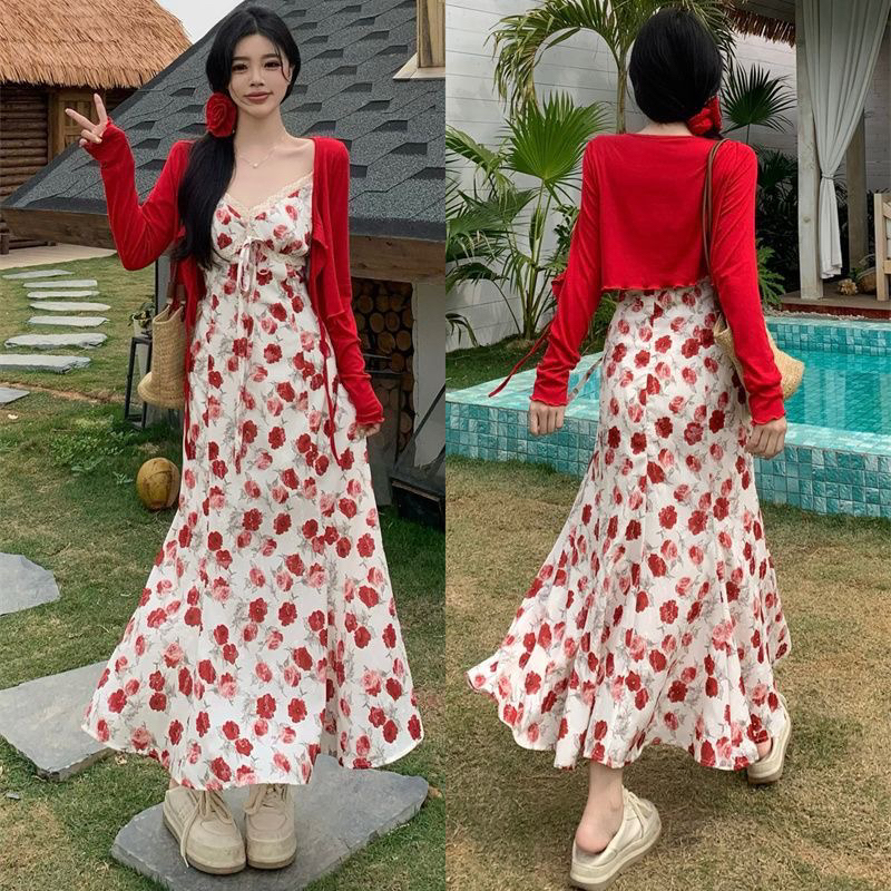 Annie Is Not Popular, Rose Floral Spaghetti Strap Dress for Women, 2026 Summer New Style, Slightly Plus Size, Waist-Cinching Floral Long Dress