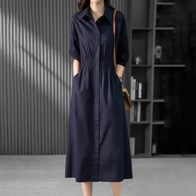 French Rouje Moaks High-End Fashion Slimming A-Line Skirt Design Waist-Cinching Shirt Dress for Women in Summer