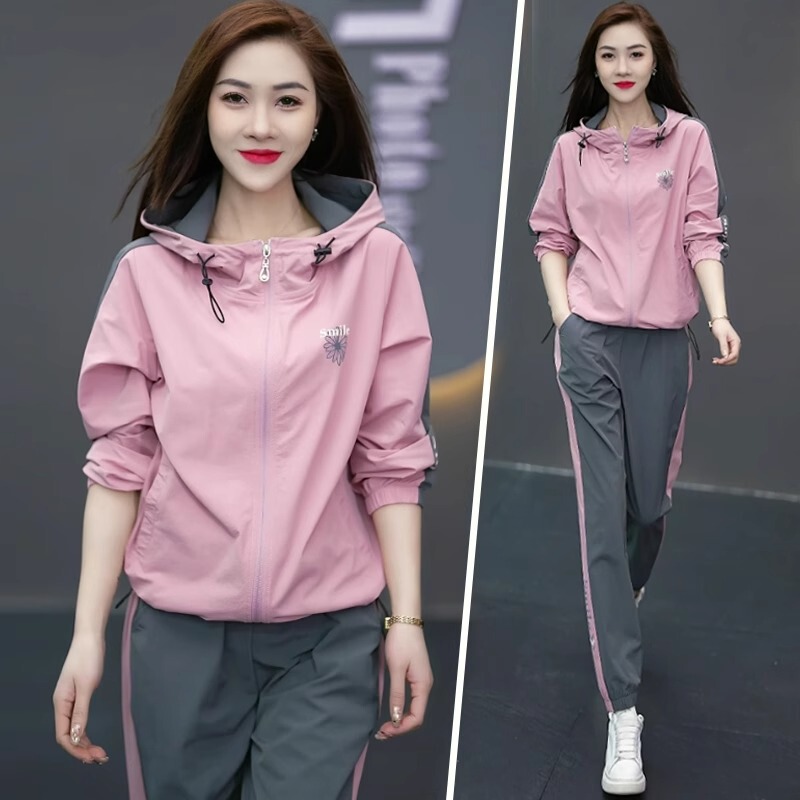 French Rouje Moaks Casual Sports Suit for Women, New Spring and Autumn Hooded Jacket, Running Outfit Two-Piece Set, Trendy