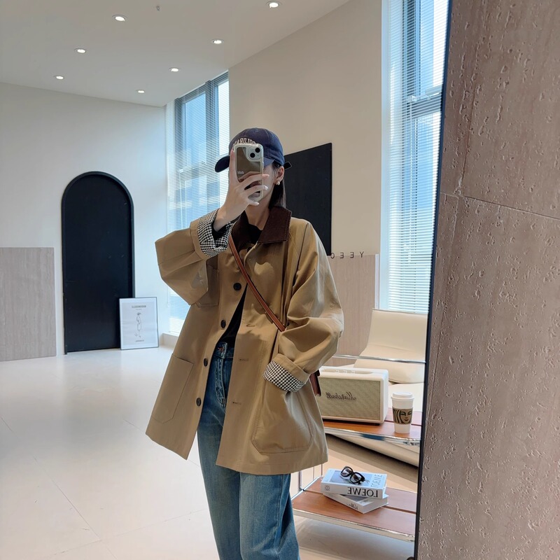 French Rouje Moaks Spring and Autumn New Trench Coat for Women, Mid-Length Casual Color-Blocking Loose Slimming Jacket for Women, Trendy