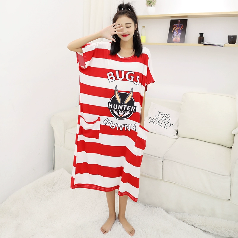 Fat MM váy ngủ nữ mùa hè ngắn tay sinh viên Hàn Quốc ngọt ngào và đáng yêu tươi mát giữa dài rộng rãi bộ đồ ngủ mỏng cỡ lớn - Đêm đầm