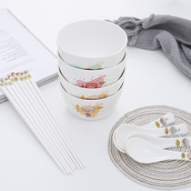 Parent-child bowl chopsticks spoon set Ceramic high-grade cartoon family of three and four family portraits creative meal tableware