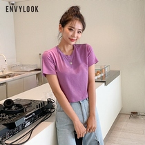 Korean version of womens ENVYLOOK shoulder short sleeves basic open navel T-shirt