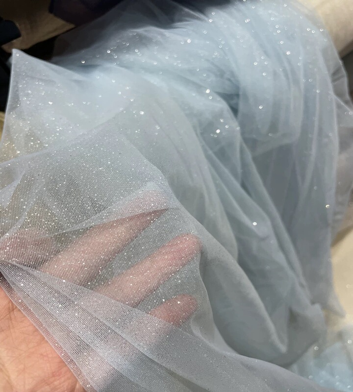 Light Sky Blue Fine Shimmering Mesh Fabric for Scene Decoration, Transparent Mesh Dress, Wedding Dress Fabric