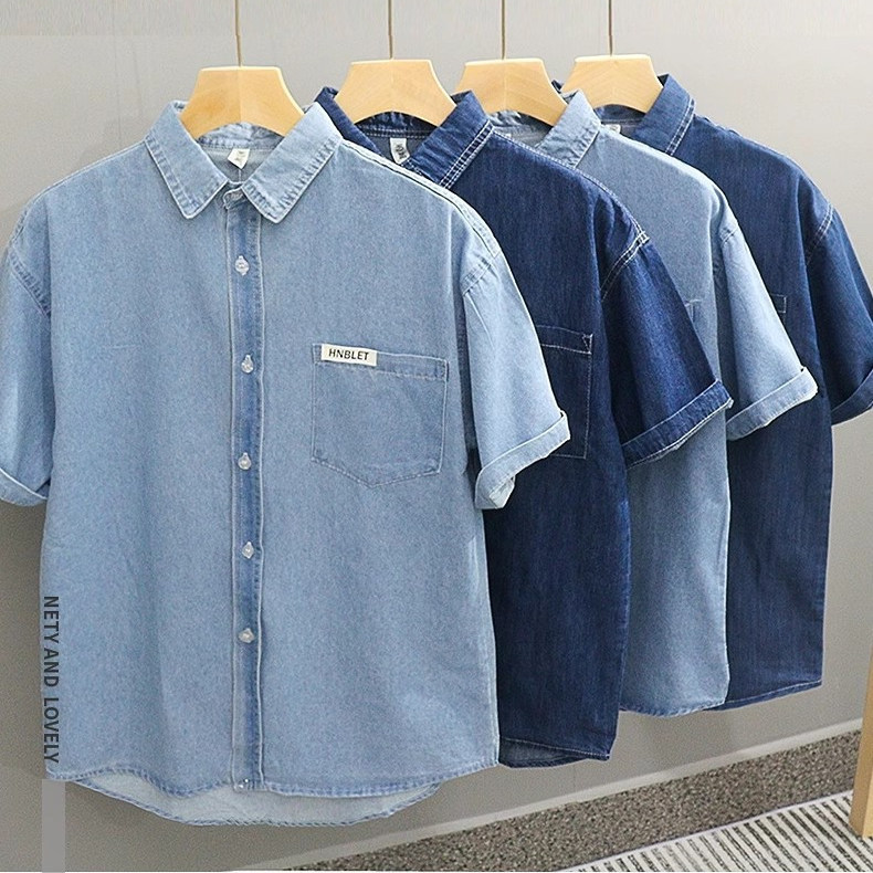 Japanese Retro Distressed Short-Sleeve Denim Shirt for Men ins Trendy Loose Fit Thin Double-Pocket Work Shirt
