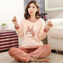 Two-piece winter warm girl pajamas cotton coat cotton pants home wear-resistant autumn and winter pajamas female coral velvet new