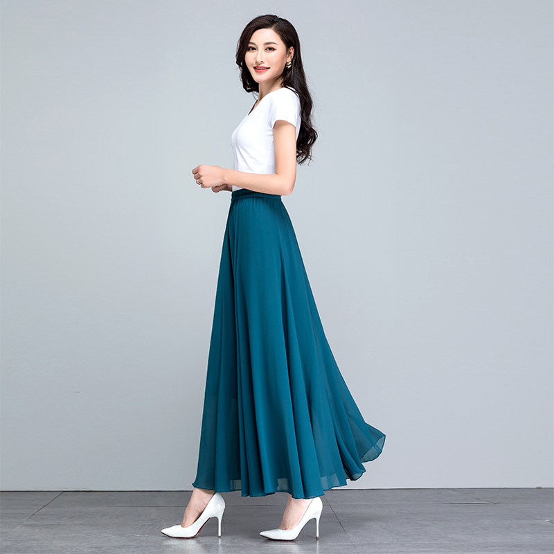 2026 Summer New Solid Color Blue Chiffon Midi Skirt High-Waisted A-Line Flared Fairy Skirt Mid-Length Dance Skirt 2026 Summer New Solid Color Blue Chiffon Midi Skirt High-Waisted A-Line Flared Fairy Skirt Mid-Length Dance Skirt
