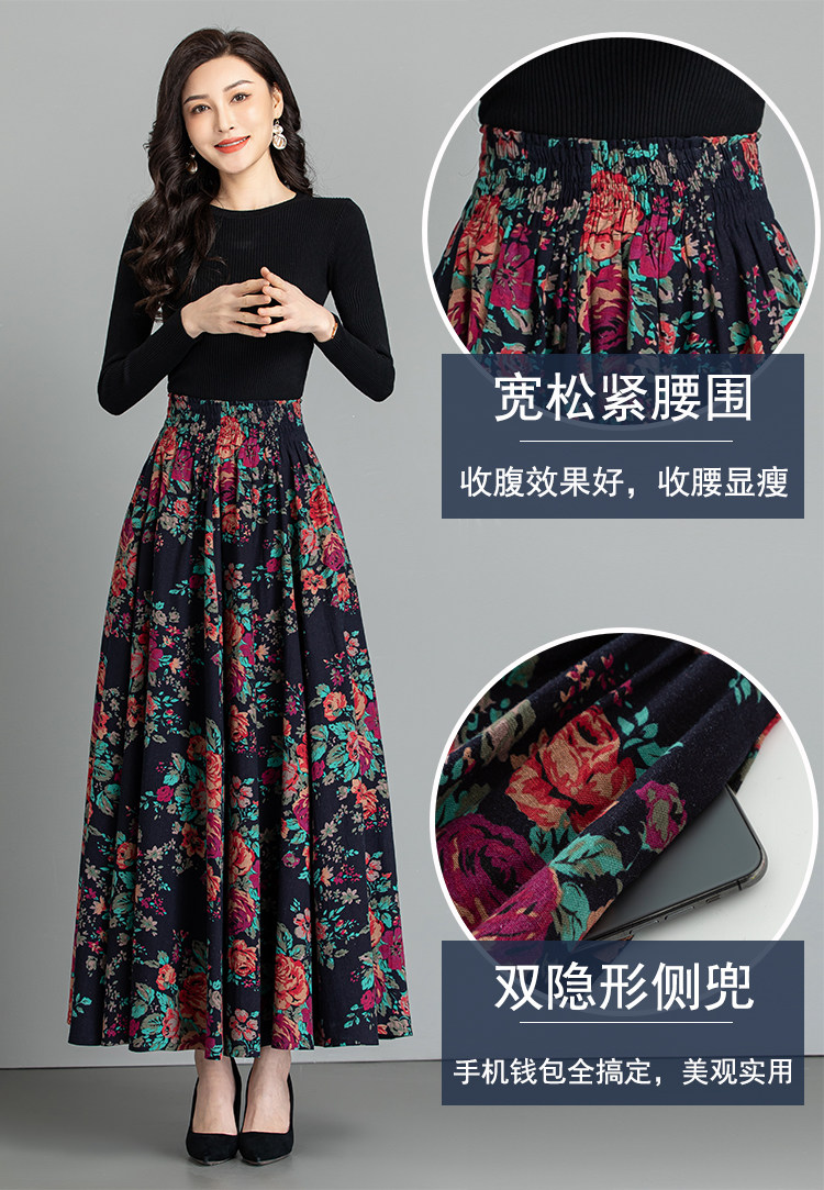 Female Cotton Linen Autumn Vintage Plus Size a-line High Waist National Fashion Big Flower Maxi Ladies Skirts for Womens