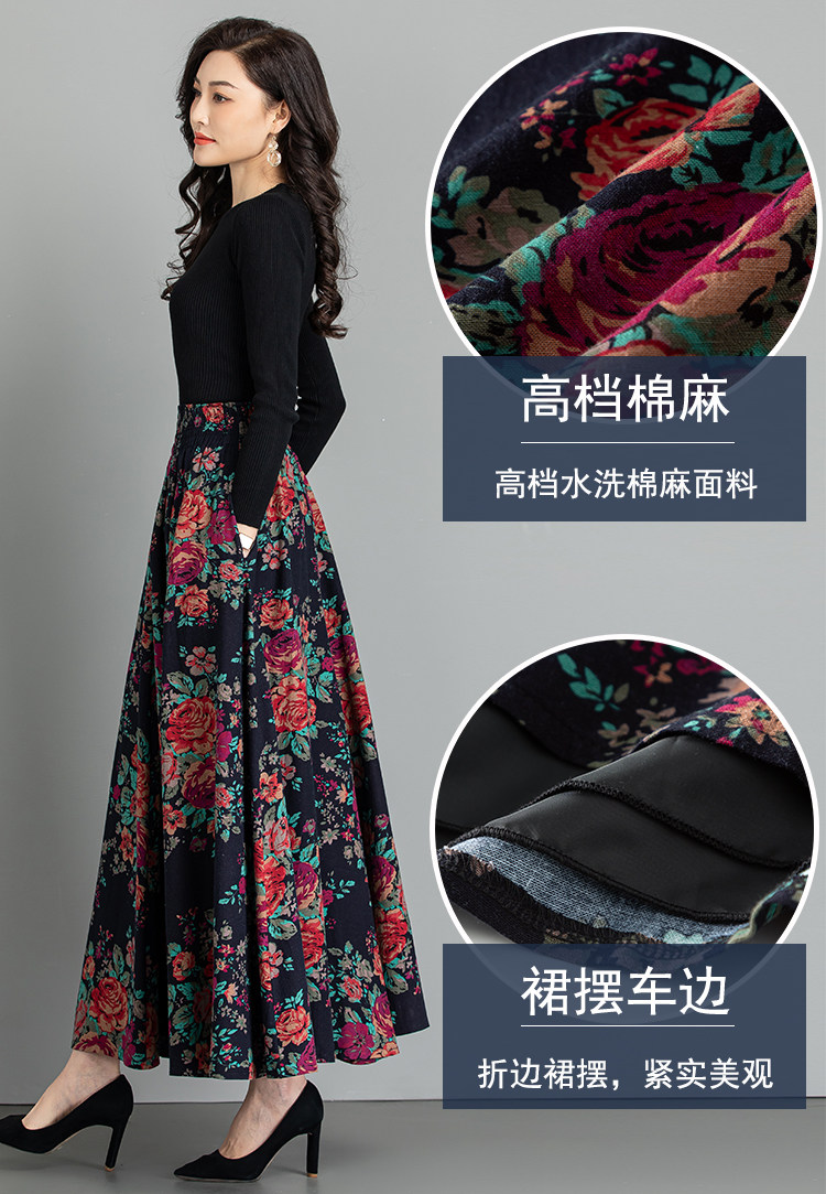 Female Cotton Linen Autumn Vintage Plus Size a-line High Waist National Fashion Big Flower Maxi Ladies Skirts for Womens