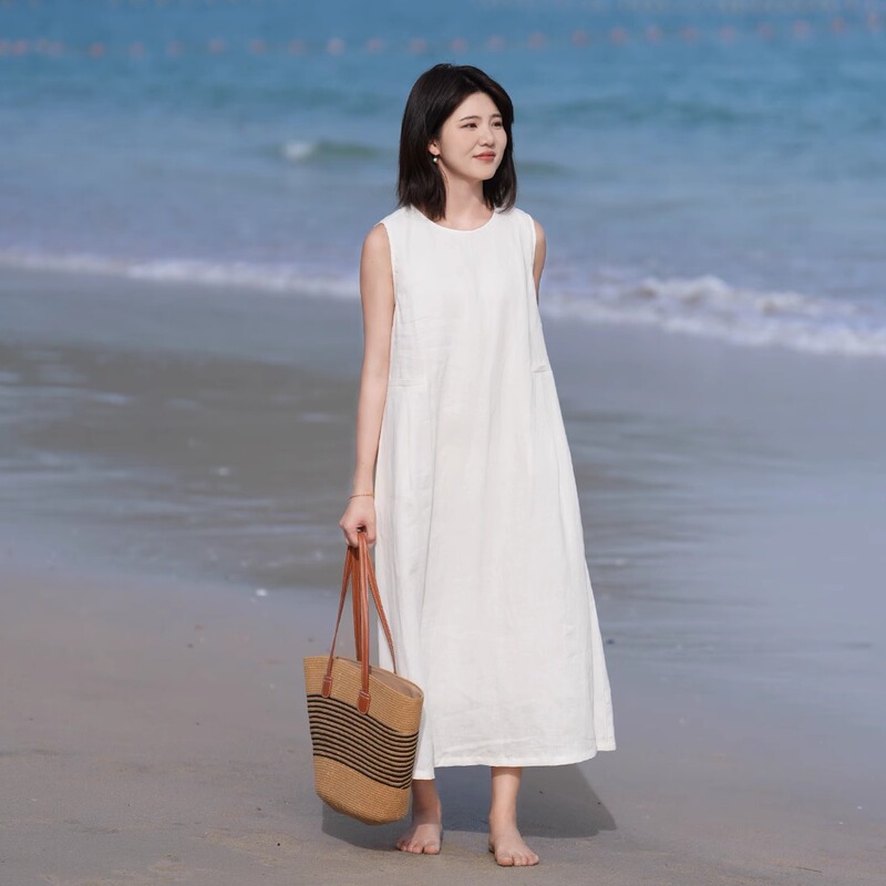 Fifteen Stores 26 New Summer Linen Sleeveless Tank Dress in White, Can Be Worn Alone or as a Base Layer, Versatile Round Neck Mid-Length Dress Fifteen Stores 26 New Summer Linen Sleeveless Tank Dress in White, Can Be Worn Alone or as a Base Layer, Versatile Round Neck Mid-Length Dress