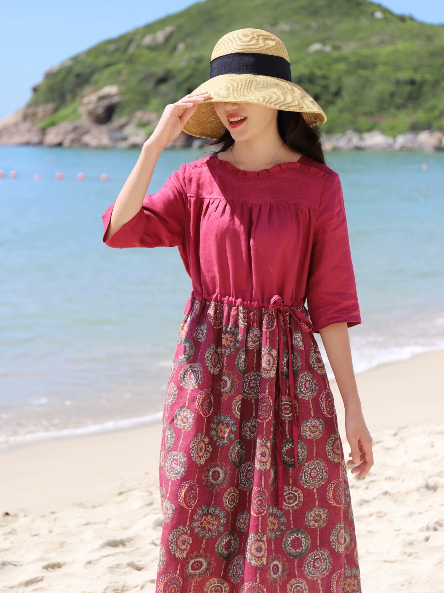 Phụ nữ mới váy lanh mùa hè 2021 cotton và lanh phong cách văn học quần áo phụ nữ khâu váy dài xích đu lớn du lịch lỏng lẻo - Váy dài