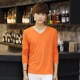 Áo thun nam dài tay áo sơ mi cổ tròn màu rắn cổ tròn trắng đen áo thun cotton mỏng mùa thu nam