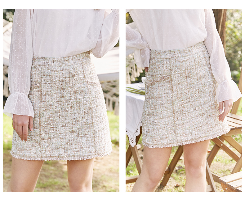 MOFAN2019 mùa xuân mới nhỏ nước hoa gió tweed váy ngắn hoa văn thô cạnh một từ váy ngắn váy - Váy chân váy ngắn chữ a