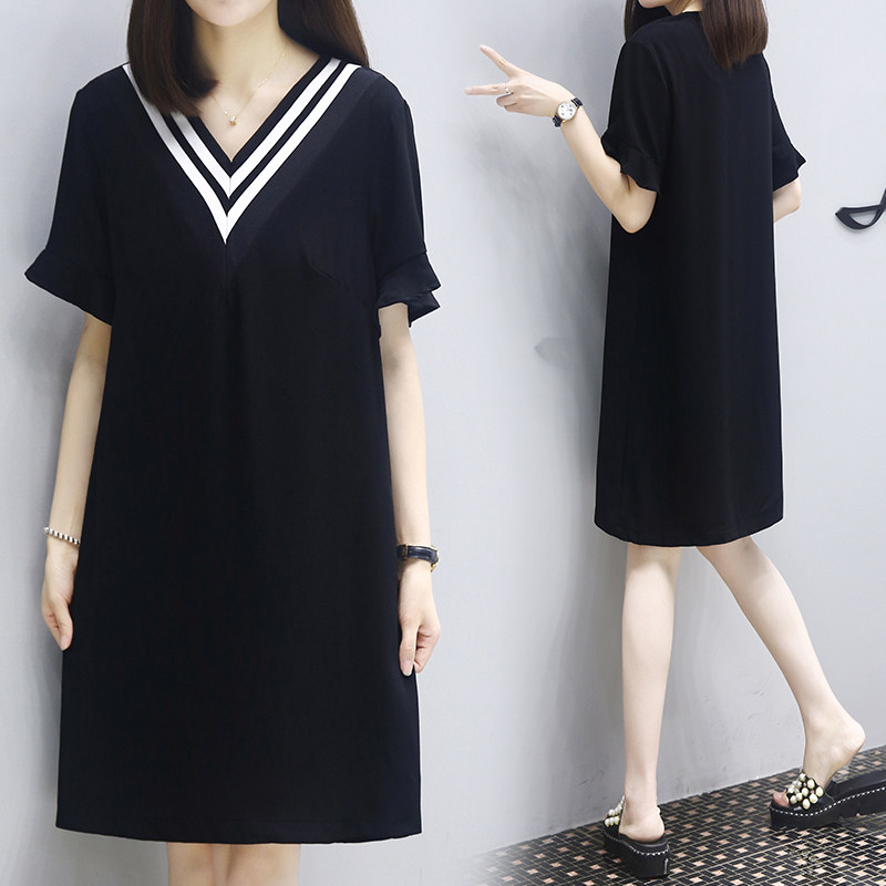 Europe station 2021 Summer new V-led snowspun foreign dress with loose display slim size Size Straight Drum Skirt