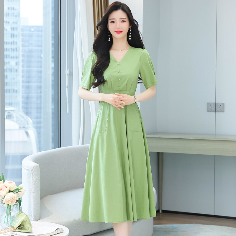 2026 Retro French Style Avocado Green Dress, Spring and Summer Sweet Waist-Cinching V-Neck Long A-Line Flared Dress