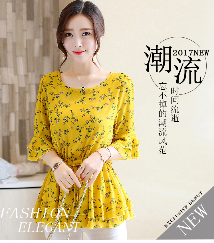 2018 mùa hè voan áo sơ mi dài mỏng giảm béo tie nhỏ áo sơ mi nữ trumpet tay áo kích thước lớn hoa voan áo sơ mi áo nữ