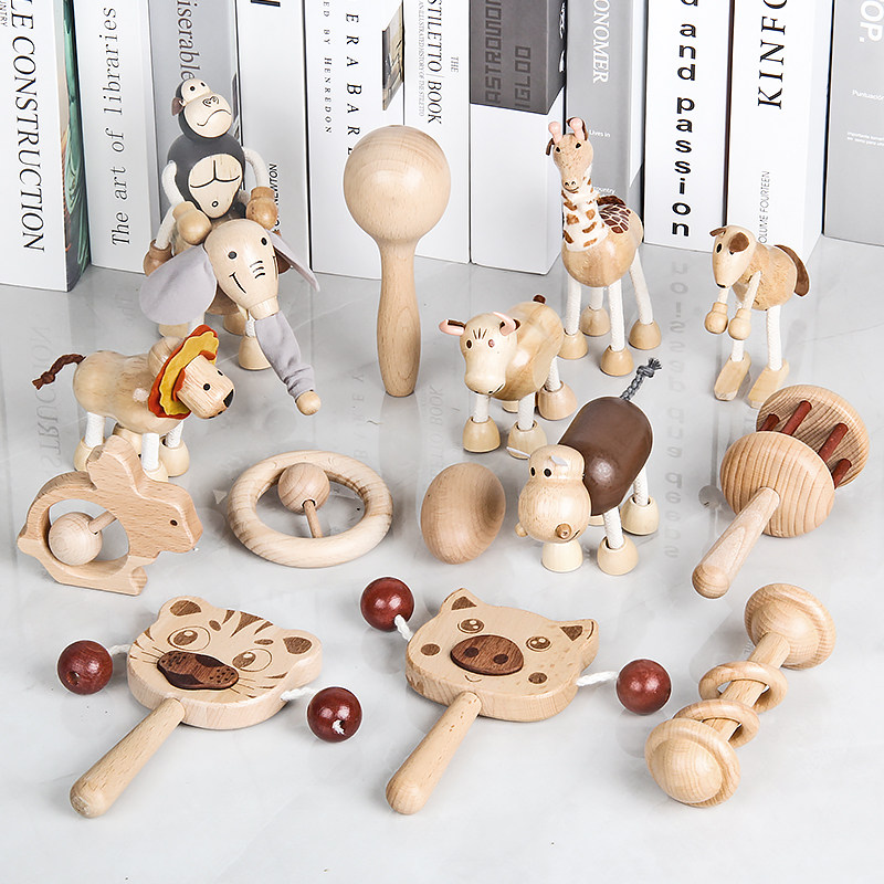 Newborn Baby Dial Wave Drum 3-6 Months Baby Solid Wood Hand Rattle Toy Can Nibble Full Moon Gift 0-1-Taobao