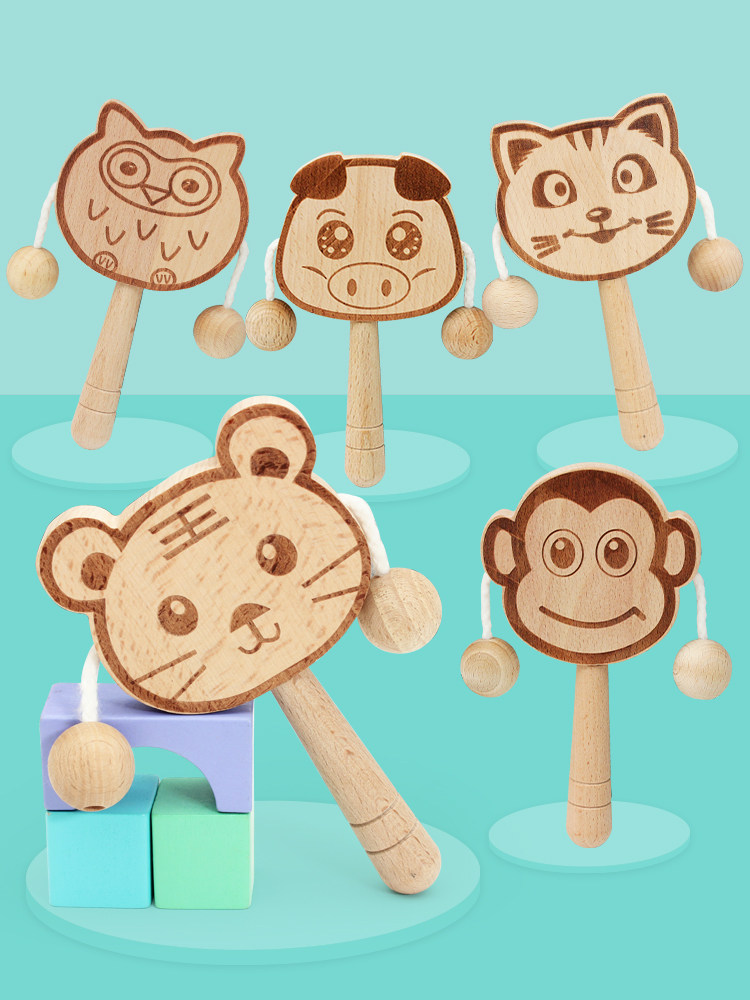 Baby rattle can bite traditional wooden 0-1 year old baby wave drum 0-6 months hand drum wooden toy