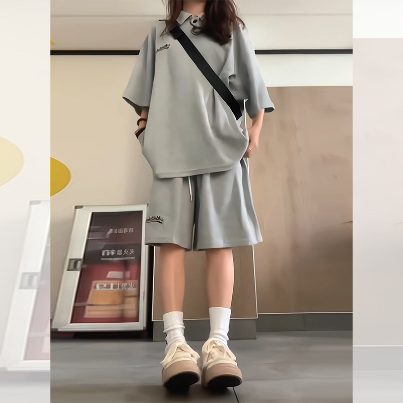 Hong Kong Style Casual Sportswear Suit for Women, Summer College Style, Heavyweight Loose Short-Sleeved Shorts, Pure Cotton Two-Piece Set