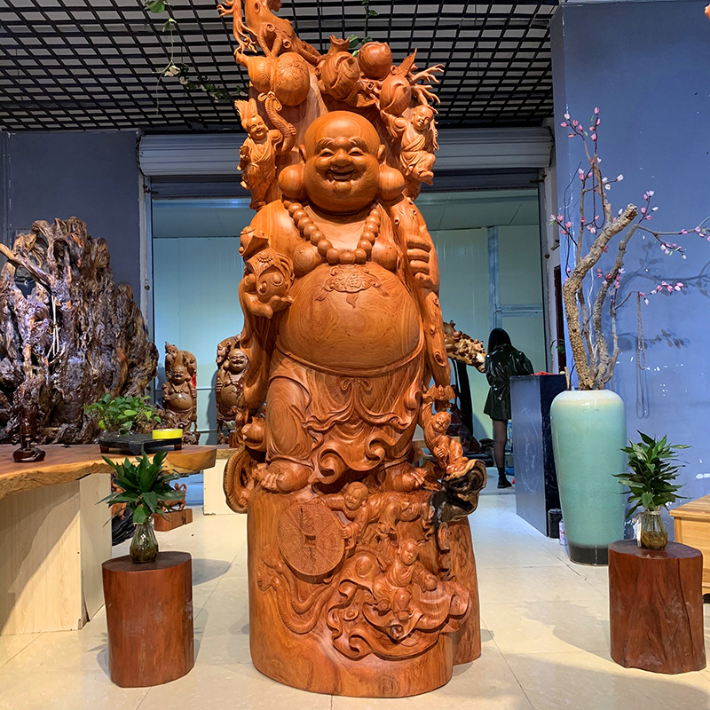 Cliff cypress solid wood Maitreya Buddha statue Guan Gong Living room crafts Lucky yew figure large belly laughing root carving ornaments