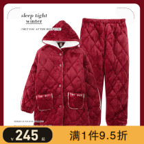 Pajamas Womens autumn and winter three-layer padded thickened velvet super thick quilted jacket Coral velvet can be worn outside the home suit set