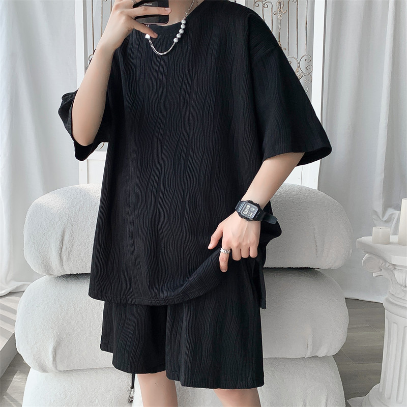 Water Ripple Ice Silk Short-Sleeved Shorts Suit Men's Summer Wear Youth Large Size Elastic Casual Sports Two-Piece Set