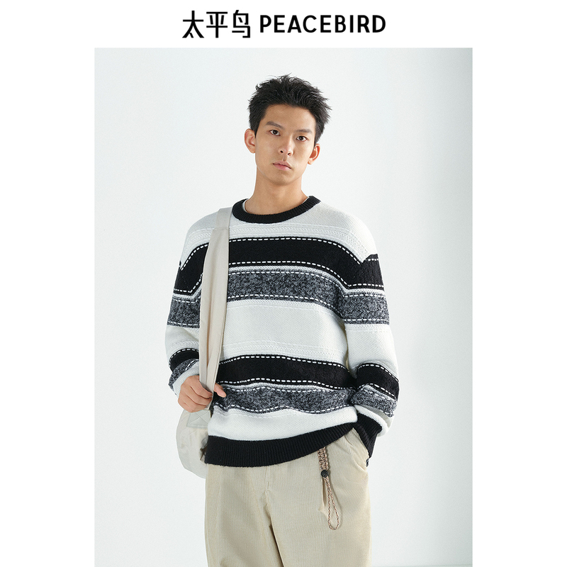 Peacebird Men's Fashion Trendy Black and White Contrast Wide Stripe Knit Sweater Men's Winter Pullover Casual Top
