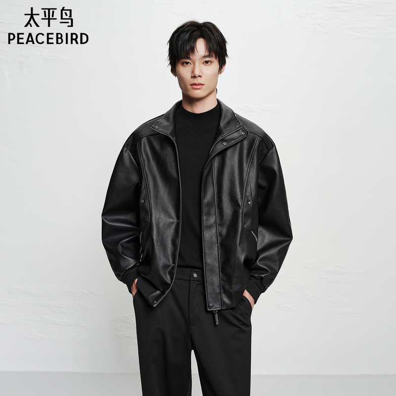 Peacebird Men's Clothing Retro Style Jacket Pu Leather Patchwork Casual Jacket Fashionable Youth Commuter Jacket