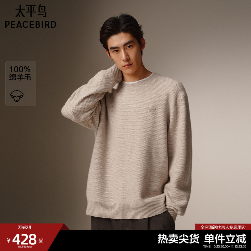 Peacebird Men's Casual Sweater Winter Three-Dimensional Leather Label Fashion Sweater High-Quality Wool Sweater Men's Sweater