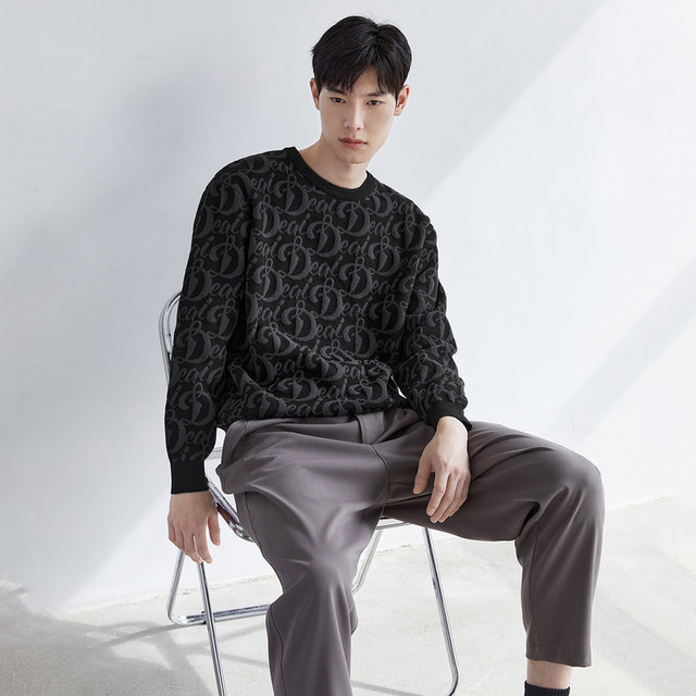 PEACEBIRD Men's Full Version Letter Jacquard Wool Pullover 2023 New Knitted Sweater