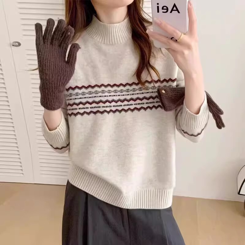 Junior High School Students' Diamond-Patterned Color-Blocked Half-Turtleneck Sweater, Teenage Girls' Inner Knit Top, Older Children's Base Shirt