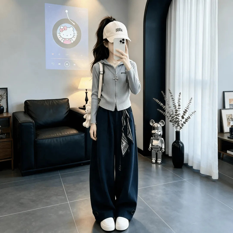 Girls' Autumn Outfit with Hooded Zip-Up Cardigan and Wide-Leg Pants Set 2026 New Style for Older Children, Knitted Top Two-Piece Set