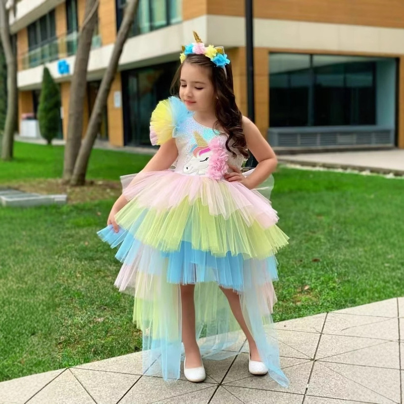 Girls' Princess Dress Unicorn Dress Rainbow Cake Mesh Trailing Gown Halloween Foreign Trade Performance Costume