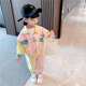 Girls three-color matching suit spring cartoon denim casual wear baby girl spring new children's two-piece suit trendy