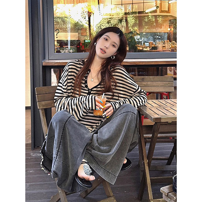 American-Style Striped Sun-Protective Cover-Up T-Shirt for Women, Summer Thin Long-Sleeve Loose Fit, Flattering and Relaxed Top for Plus-Size Women