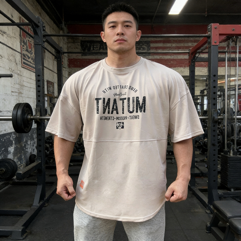 Summer Sports Loose T-Shirt Men's Fitness Wear Quick-Drying Printed Drop Shoulder Short-Sleeved Men's Round Neck American Training Five-Quarter Sleeve