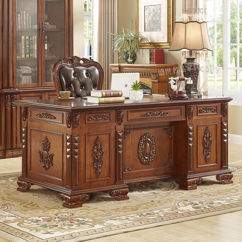 American-Style Solid Wood Desk for Home Use, European-Style Office Desk, Executive Desk, Boss Desk, Vintage Carved Computer Desk, Calligraphy Desk