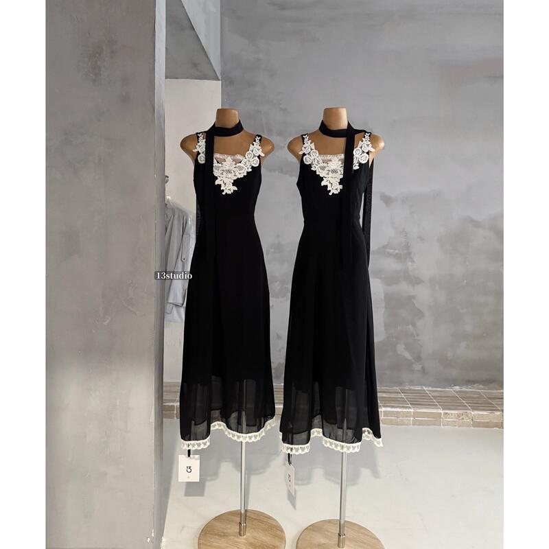 13-Stdio2026 Elegant and Gentle Style Lace Patchwork Sleeveless Chiffon Dress Little Black Dress Long Dress