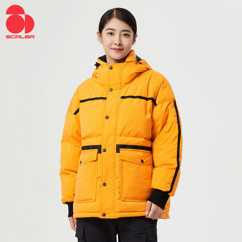 Scaler Autumn and Winter Unisex Thickened Hooded down Jacket with Plaid Large Pockets Coat F6121808