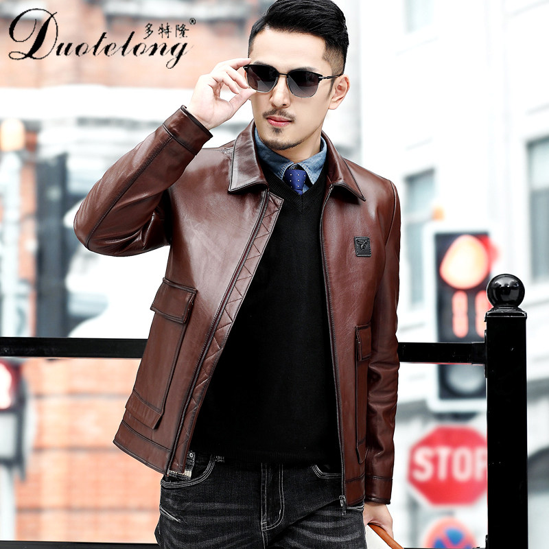 New Haining leather leather men's head layer cowhide short Korean version lapel leather jacket jacket middle age jacket business