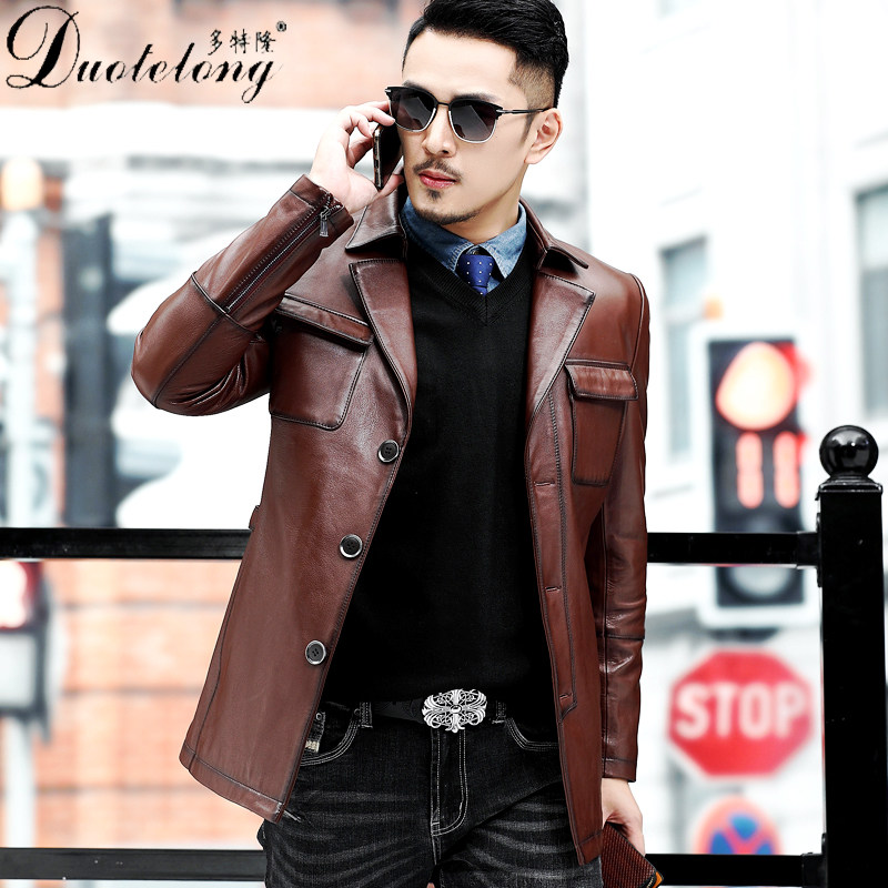 Haining leather leather men's head layer cowhide leather jacket Medium-long leather trench coat slim British motorcycle leather jacket