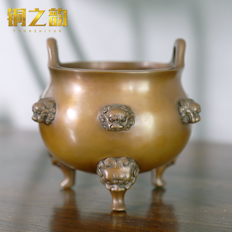 纯手工纯铜紫铜焚盘香炉九狮冲耳三足熏香家用室内摆件古代装饰品
