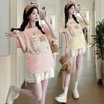 2024 summer maternity suit cartoon age-reducing loose and versatile T-shirt belly support shorts casual slimming two-piece suit