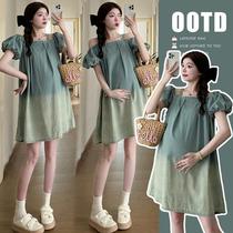 2024 new summer style maternity loose design off-shoulder sling one-shoulder square-neck water denim dress mid-length